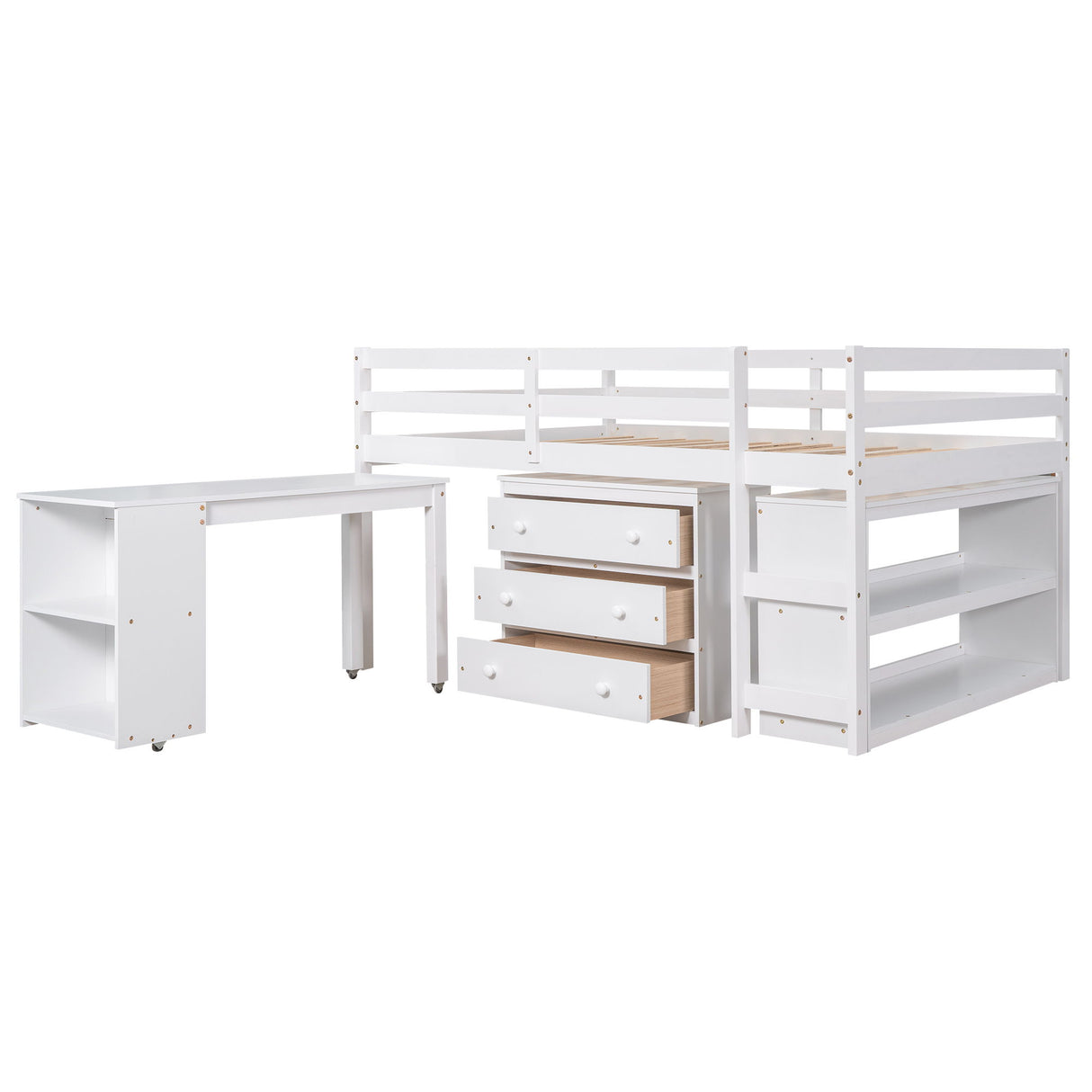Loft Low Study Bed With Cabinet, Shelves And Rolling Portable Desk, Multiple Functions