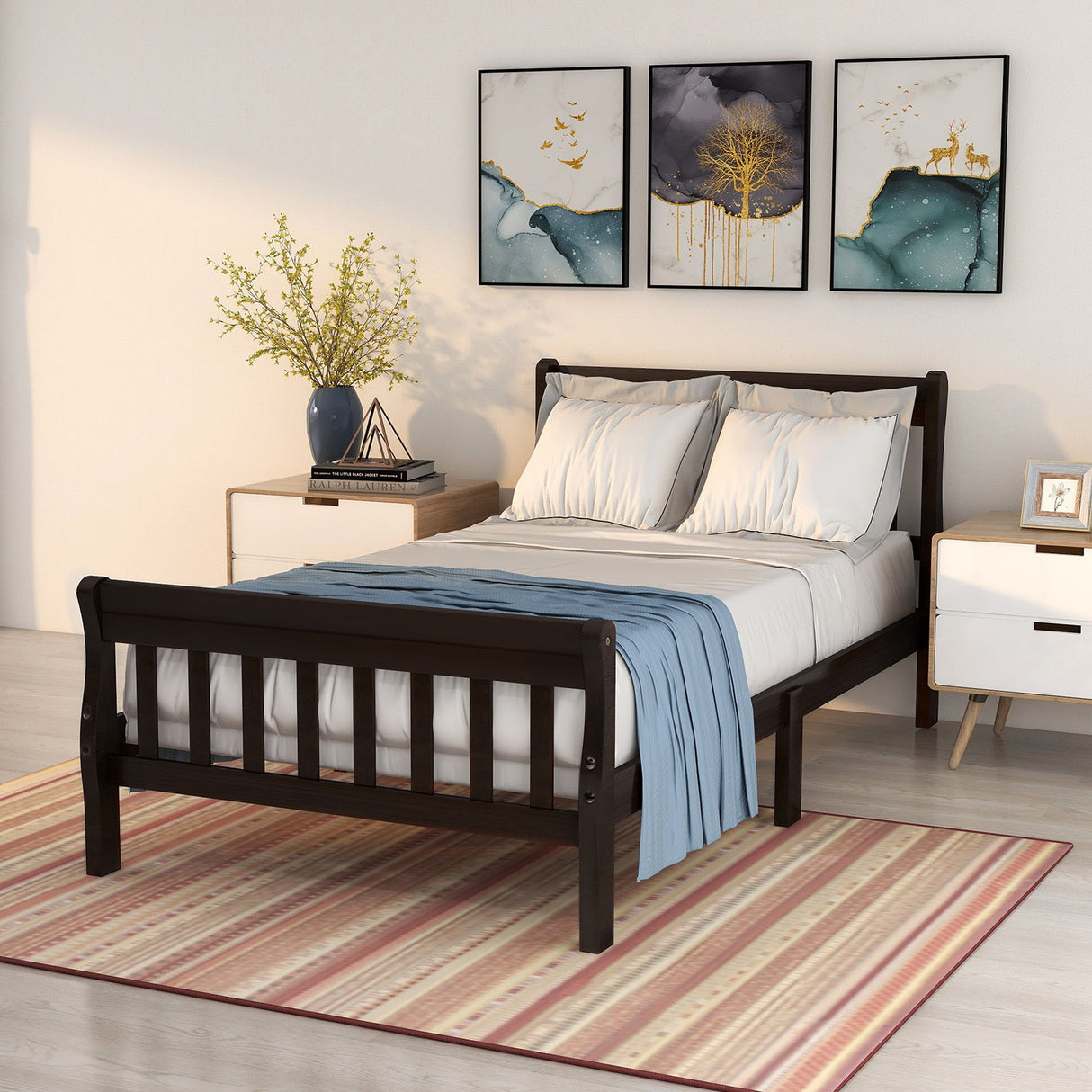 Platform Bed, Mattress Foundation Sleigh Bed With Headboard, Footboard, Slat Support