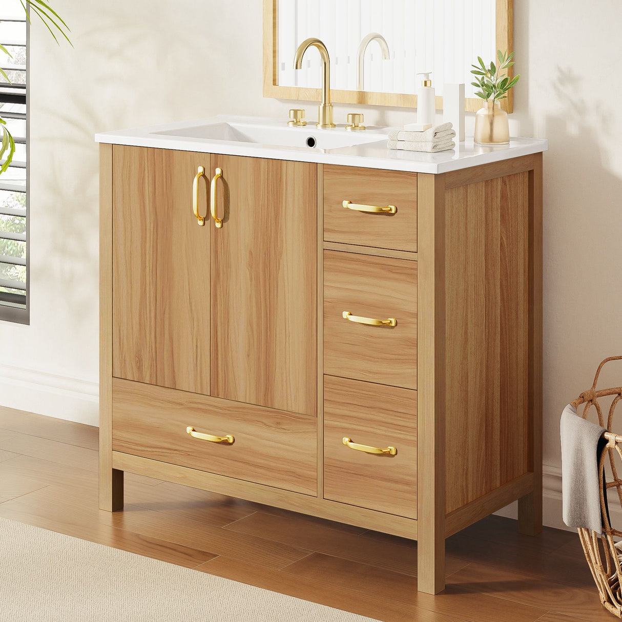 36" Bathroom Vanity, 2 Soft Close Doors, 4 Soft Close Drawers, Adjustable Shelf, Storage Cabinet - Acacia Wood