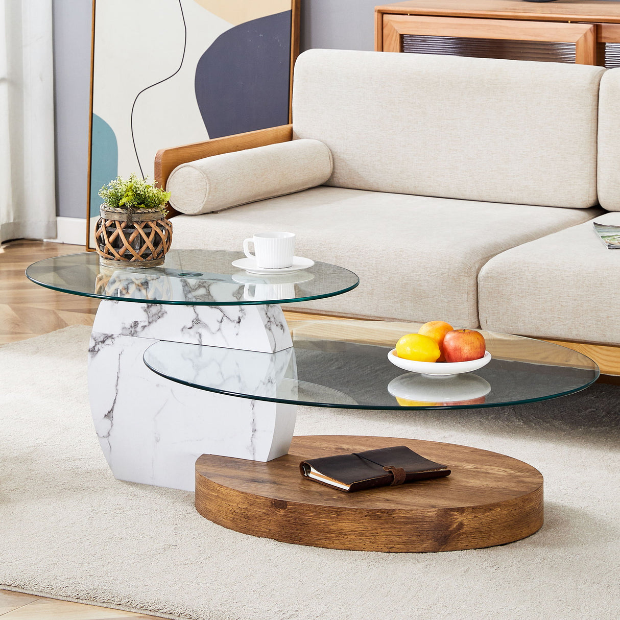 Contemporary Artistic Double Layer Coffee Table,Tempered Glass Top