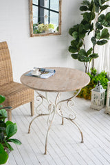 Round Wooden Table With Metal Scrollwork Legs - White Washed