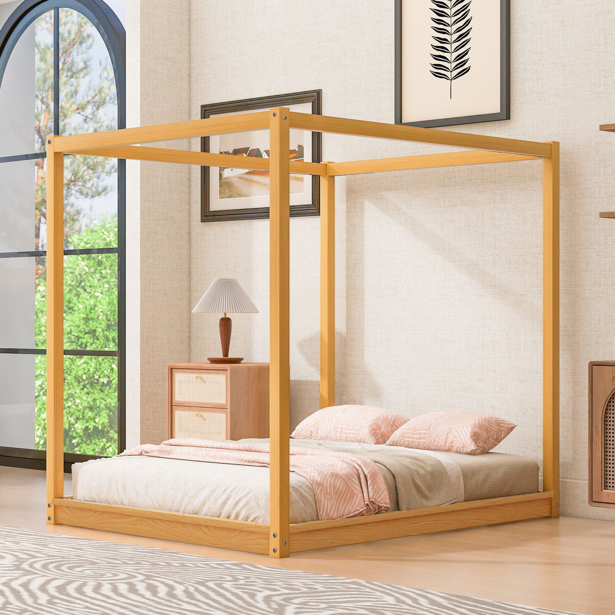 Wood Canopy Platform Bed With Support Legs And Airflow Slats
