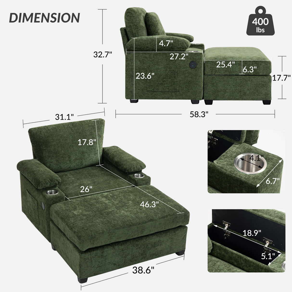 Modern Oversized Chair With Ottoman, Cupholders And USB Charging Ports