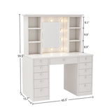 Vanity Desk With LED Lighted Mirror, Makeup Vanity With 11 Drawers, Adjustable Lighting - White