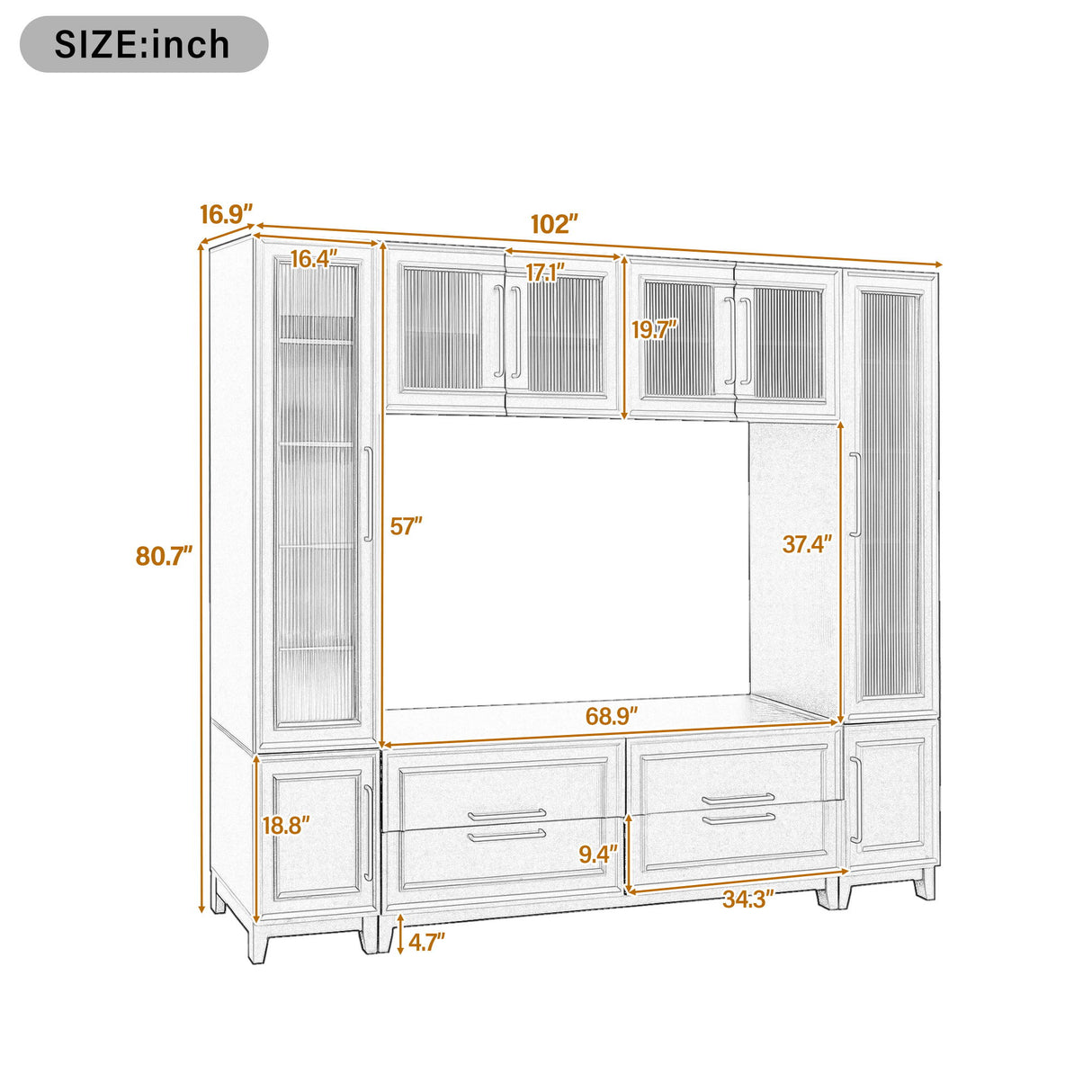 Wall Unit Entertainment Center With Glass Doors For TVs Up To 75" With Drawers For Living Room - White