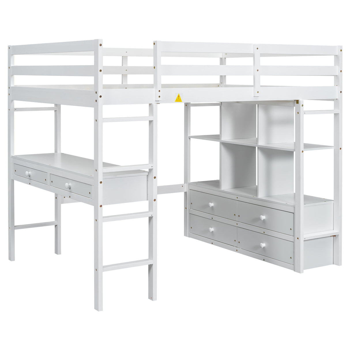 Full Size Loft Bed With Built In Desk, 2 Drawers, Storage Shelves - White