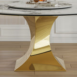 Luxury Round 59" Sintered Stone Dining Table With Stainless Steel Hourglass Base, Scratch & Heat Resistant Surface - Golden / White