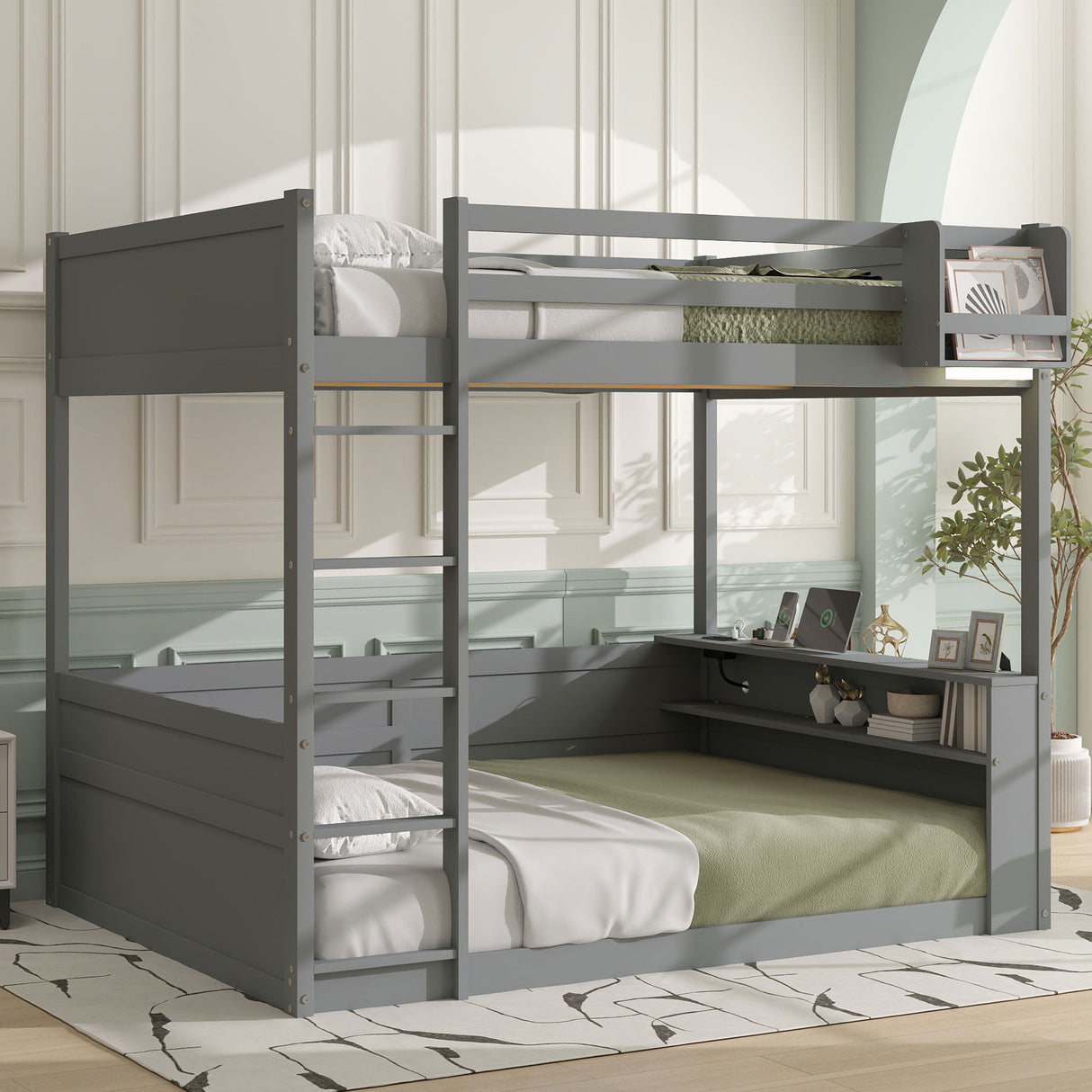 Bunk Bed With Built In Shelves, Storage Box, LED Light And USB Charging Station