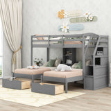 Twin Over Twin & Twin Bunk Bed With Drawers, Staircase Storage, Built In Shelves - Gray