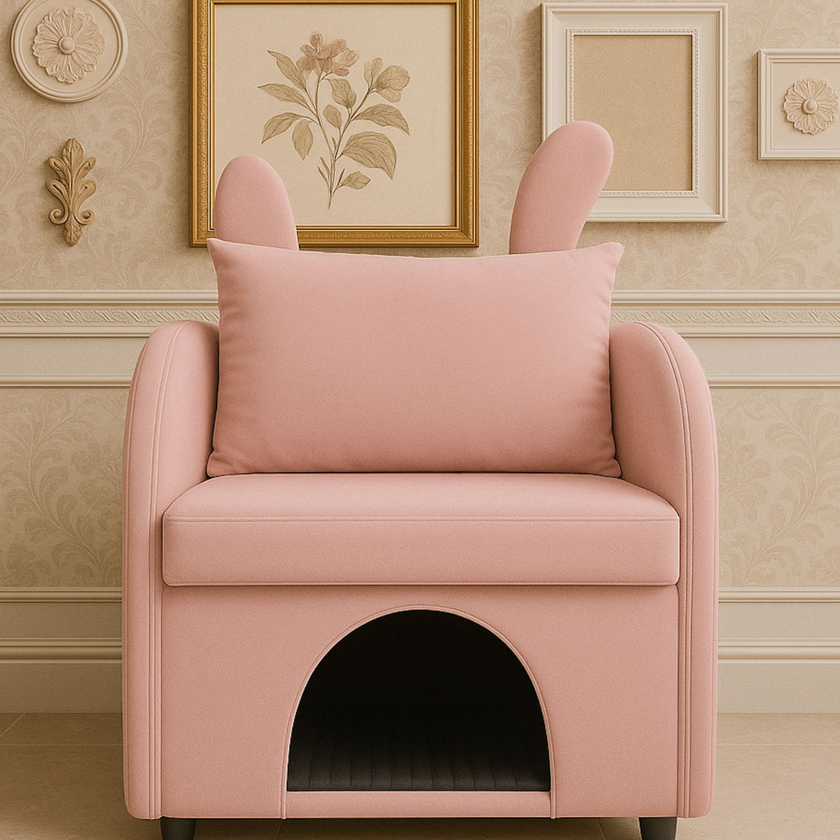 Bunny Ear Pet Friendly Armchair With Hidden Pet House With Storage Pocket For Bedroom & Living Room - Pink