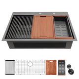 33" Drop In Kitchen Sink With Ledge Workstation, 16 Gauge Stainless Steel - Gunmetal Black
