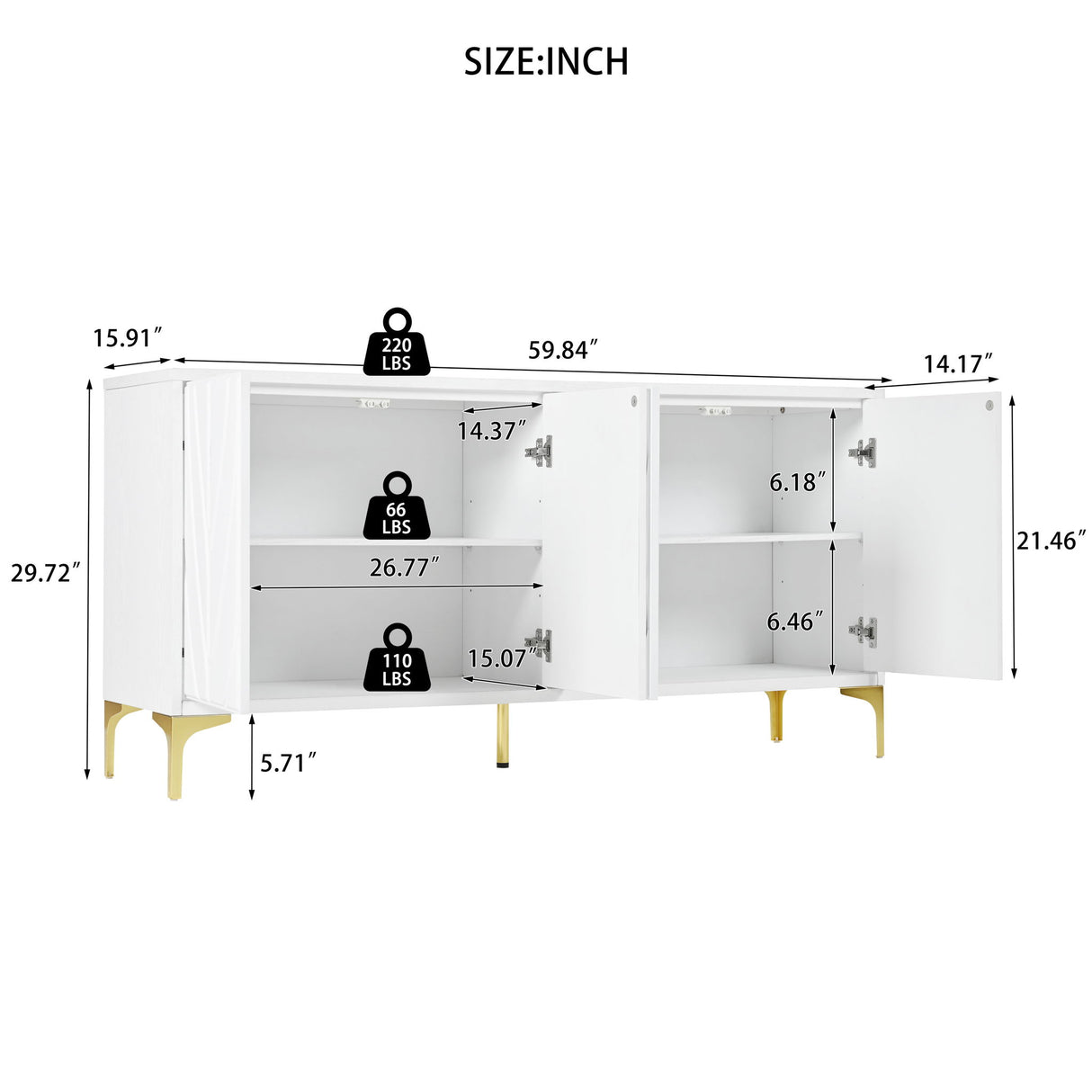 Modern 4 Door Sideboard With Creative Carved Surface And Adjustable Shelves