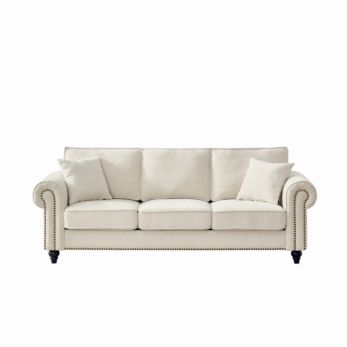3 Seater Sofa With Tufted Upholstery, Rolled Arms, Nailhead Trim