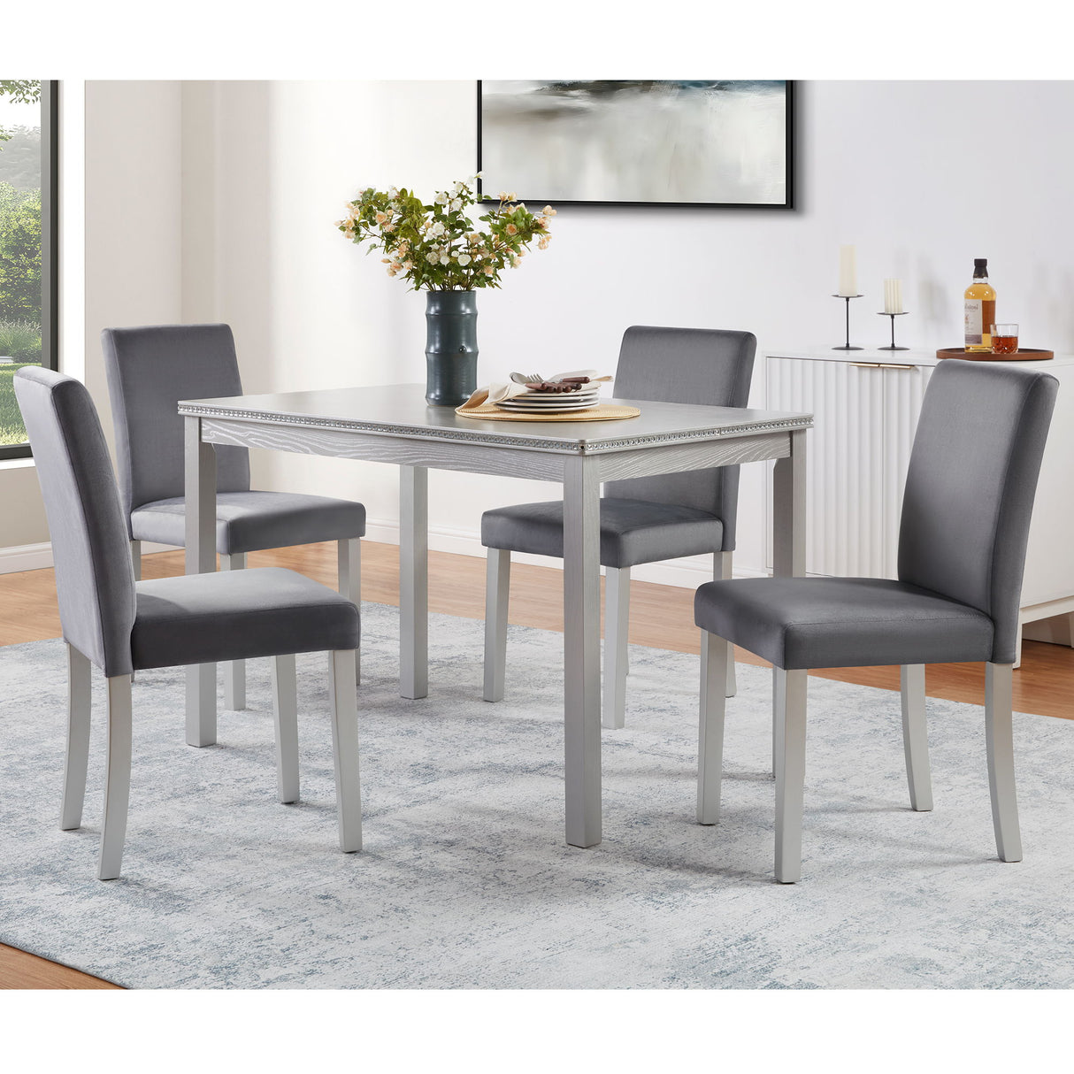 Dining Table Set, Table With A Rectangular Table And Upholstered Chairs