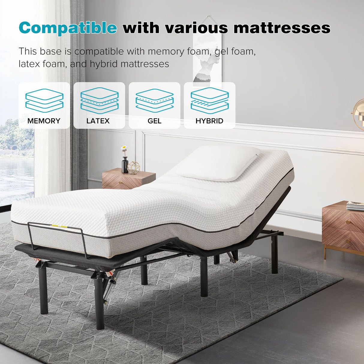 Adjustable Metal Bed Base With Head And Foot Incline, Anti Snore Feature, Wireless Control, Twin Long - Antique Black