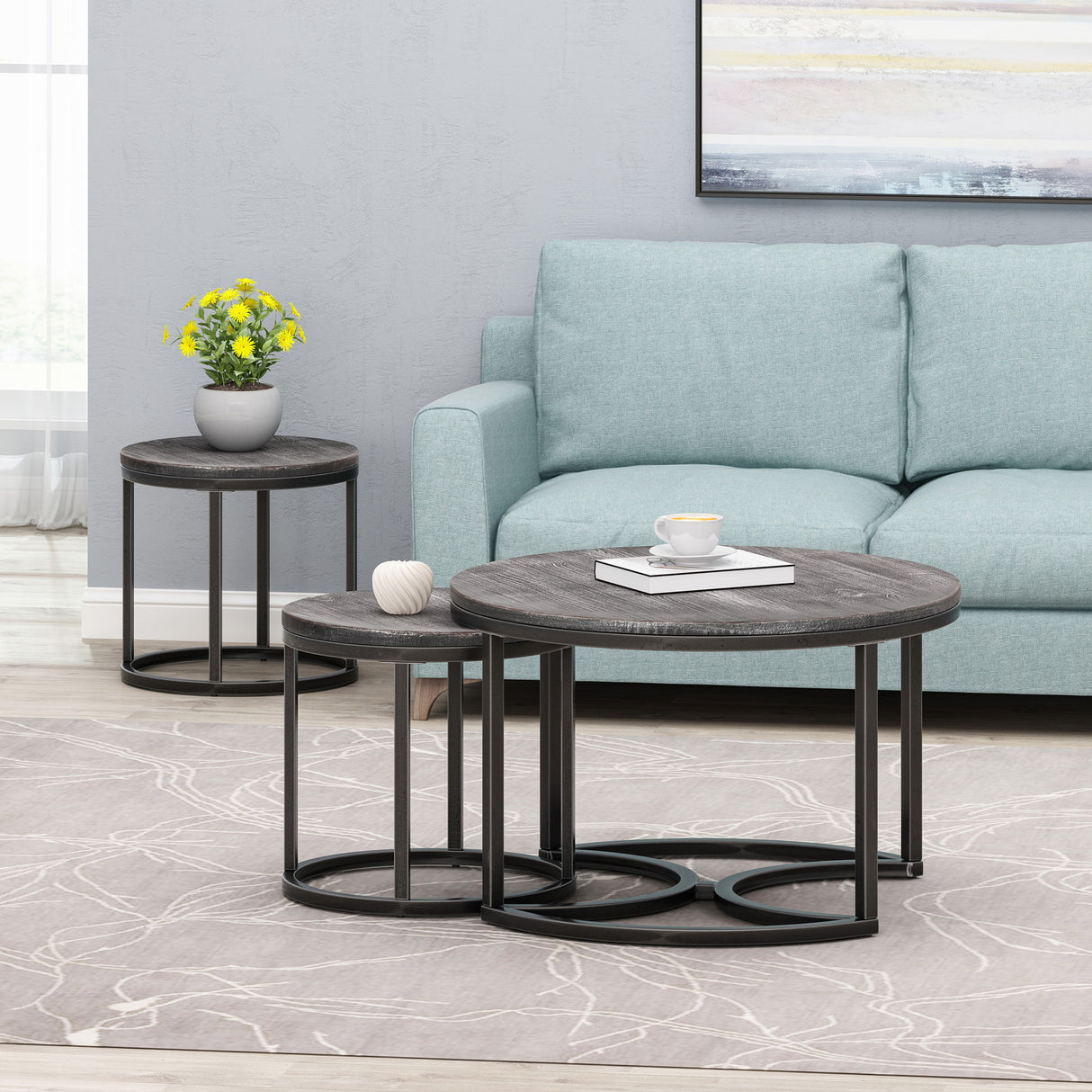 Icebergs - 3 Piece Coffee Table Set With Wood Top And Iron Base - Black / Gray