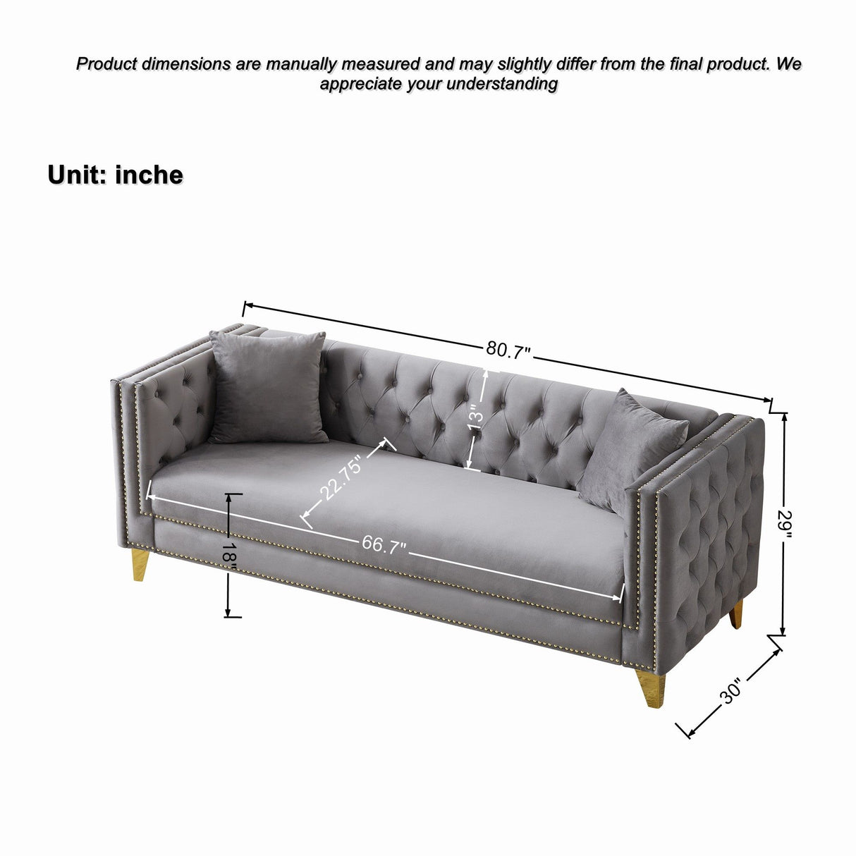 Deep Seat Sofa With Button Nailhead, Square Arm Couches