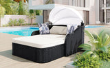 Outdoor Sunbed With Adjustable Canopy, Double Lounge, Daybed - Black / Beige
