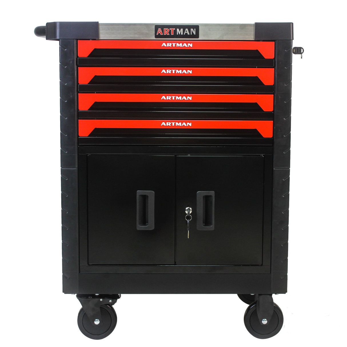 Removable 4 Drawer Metal Tool Cart With Lock - Black / Red
