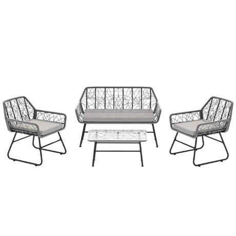 4 Piece Wicker Patio Furniture Set With Tempered Glass Table And Detachable Cushions