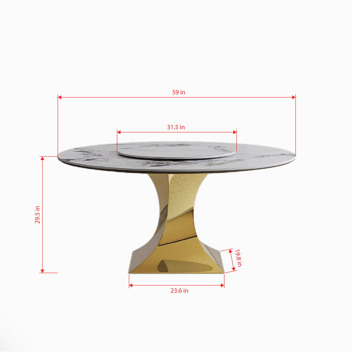 Luxury Round 59" Sintered Stone Dining Table With Stainless Steel Hourglass Base, Scratch & Heat Resistant Surface - Golden / White