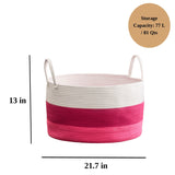 Cotton Round Laundry And Storage Basket With Handles - Pink / White