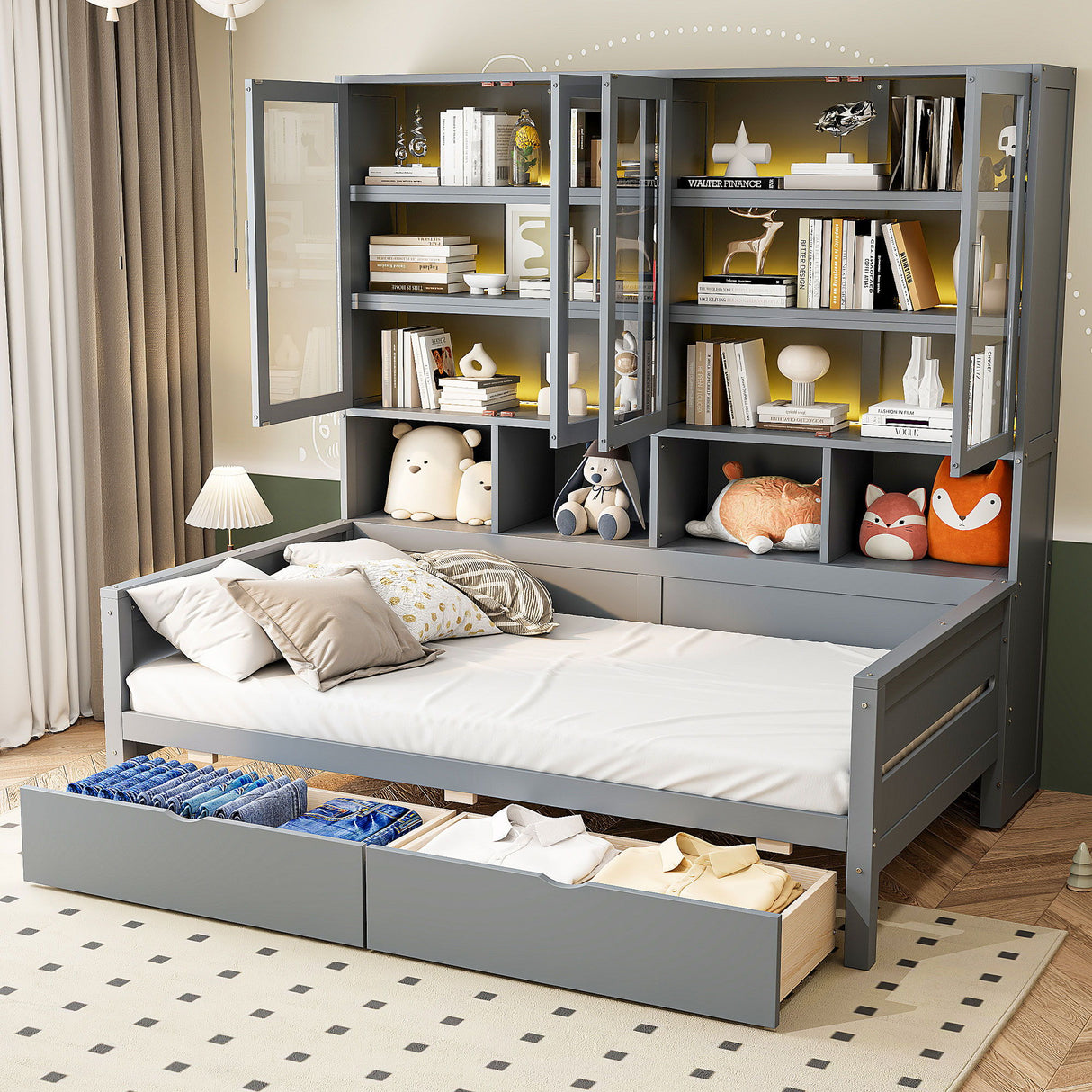 Daybed With Glass Door Storage Cabinets, Built In LED Lighting And Shelves