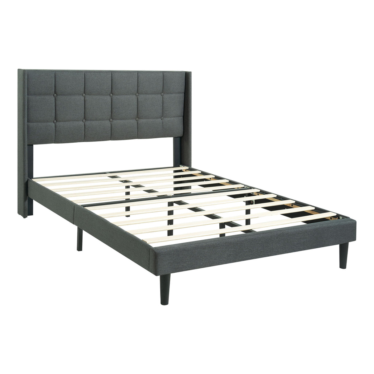 Queen Size Upholstered Platform Bed Frame With Button Tufted Linen Fabric Headboard - Dark Gray