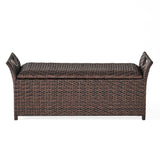 Outdoor Rattan Bench With Flair Arm And Storage - Brown