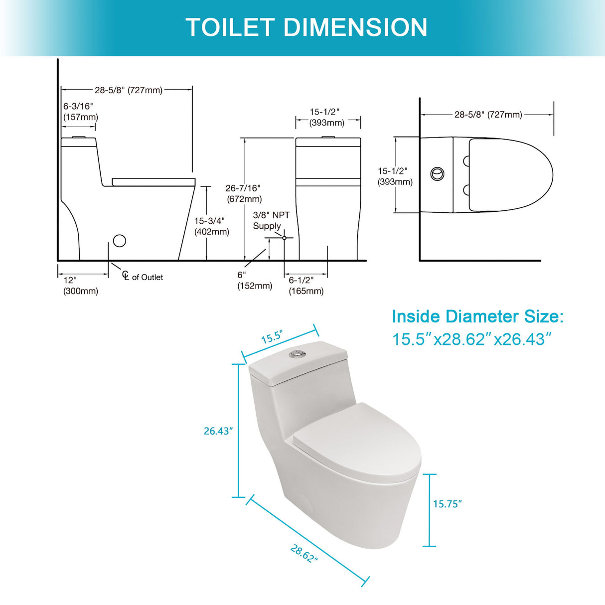 1 Piece Toilet, Dual Flush, Soft Closing Seat - White