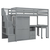 Loft Bed With Stairs, Bookshelf, Drawers, Desk & Wardrobe, Space Saving Multifunctional Furniture