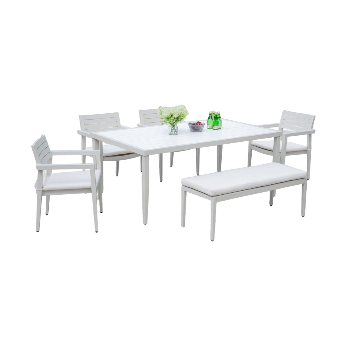 6 Piece Dining Set Modern Outdoor Patio Furniture, 4 Dining Chairs & 1 Dining Bench Sunbrella Fabric And 2 Tone Rectangle Table With Umbrella Hole - Matte White / Grayish