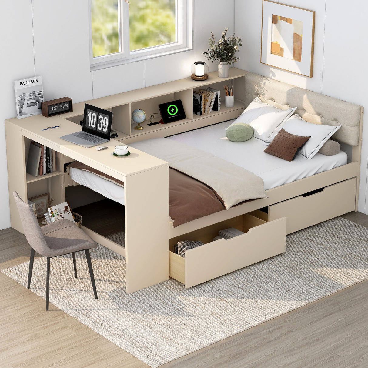 Upholstered Headboard Platform Bed With Storage Shelves, Drawers, Charging Station