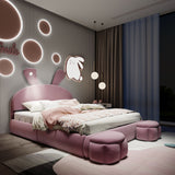 Upholstered Platform Bed With Cartoon Ears Shaped Headboard And LED Light