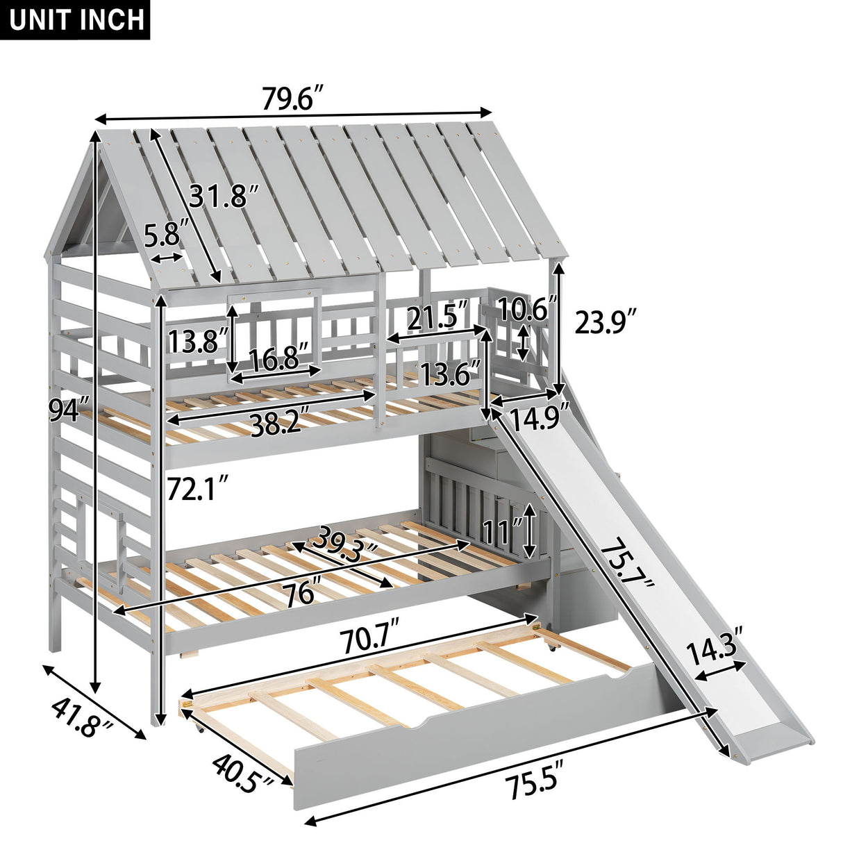 House Bunk Bed With Trundle, Storage Staircase, Roof And Window Design