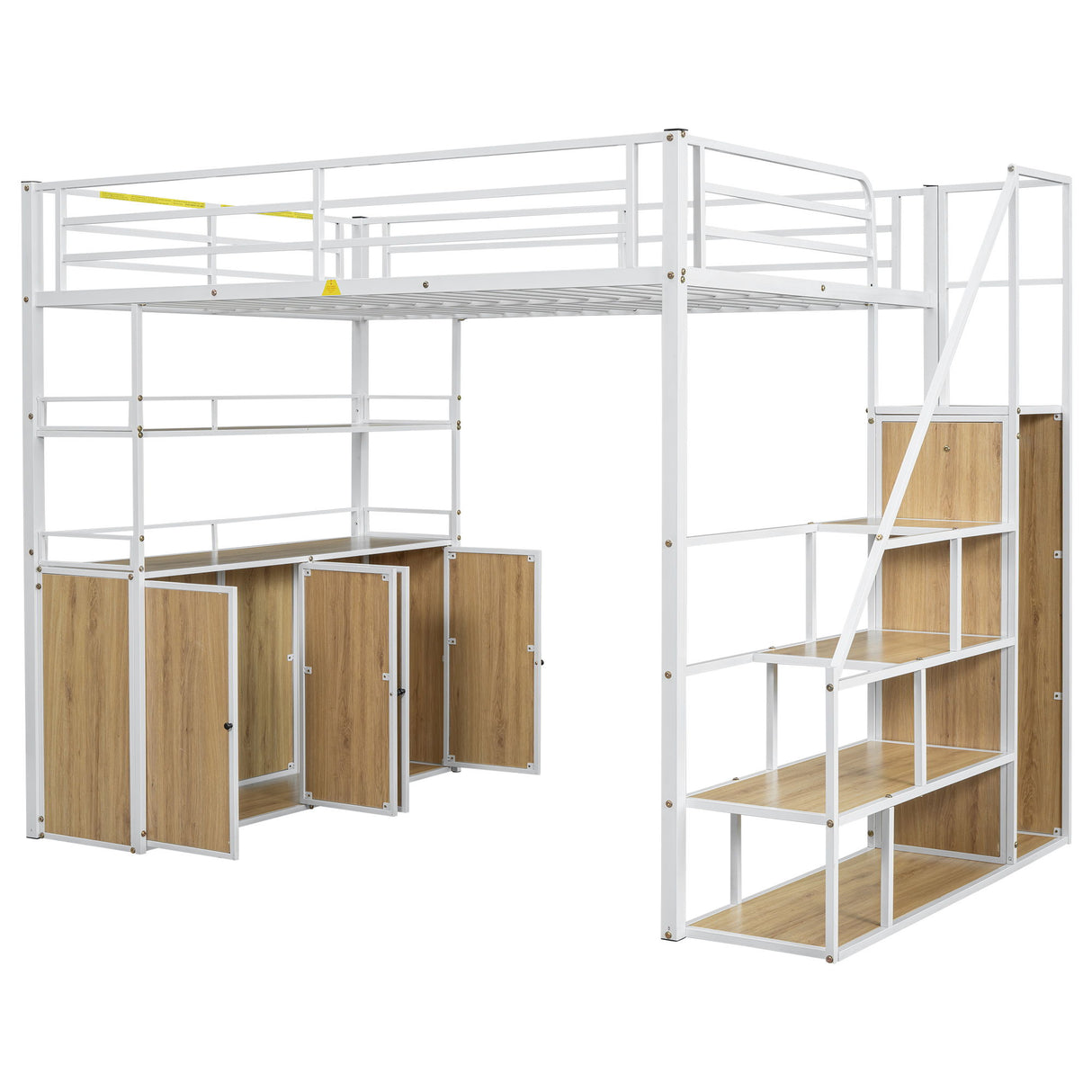 Full Size Loft Bed With Storage Staircase, Wardrobe, Shelves, And Lockers Natural Mdf Details - White / Natural