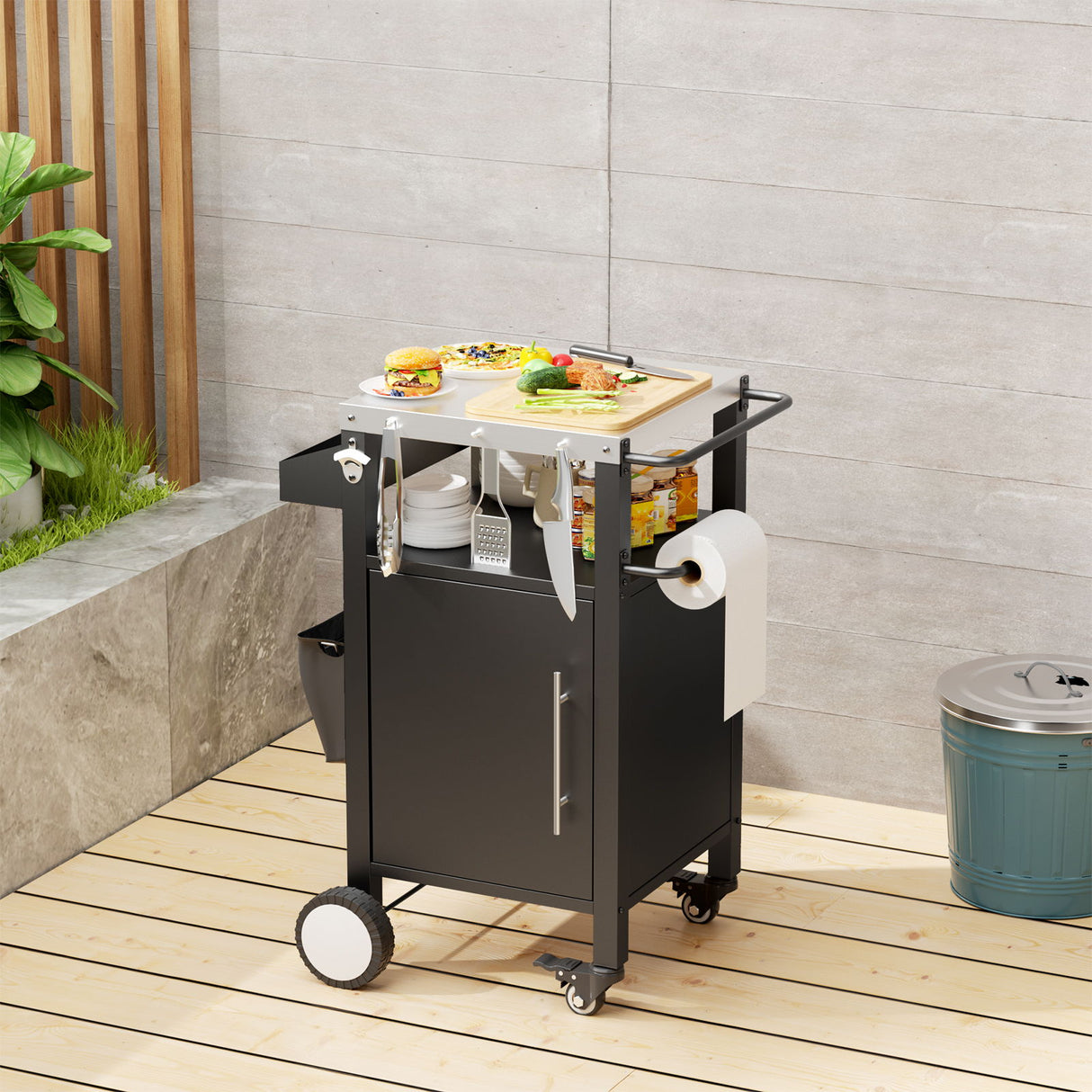 Outdoor Grill Cart With Storage, Rolling Bar Cart With Hooks And Spice Rack Stainless Steel