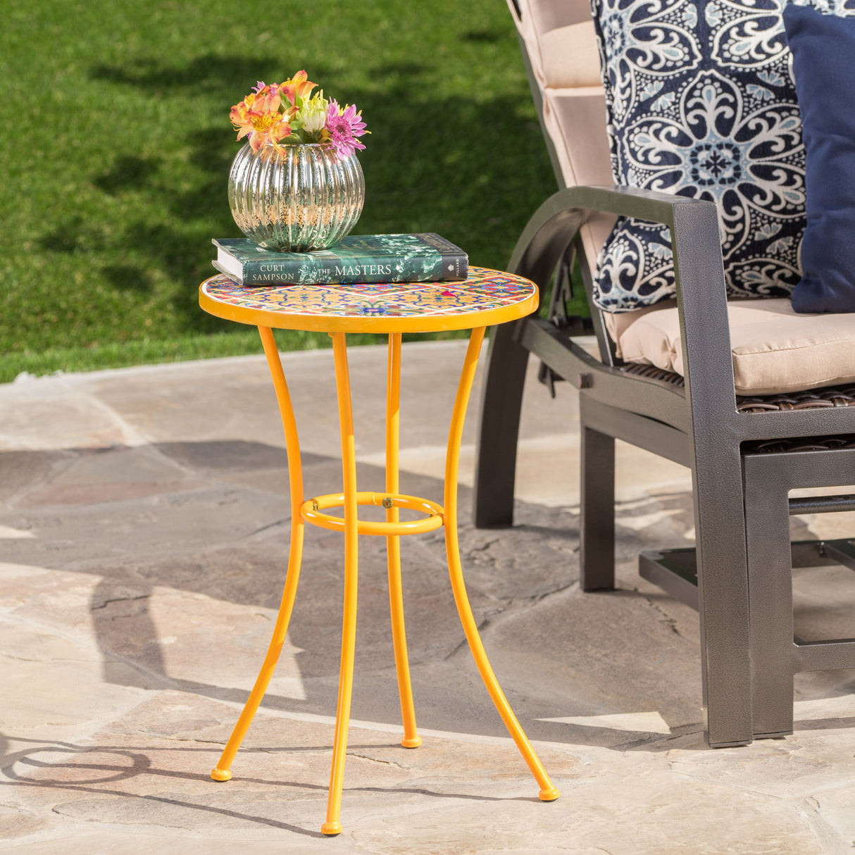 Outdoor Side Table With Tile Mosaic Table Top - Yellow