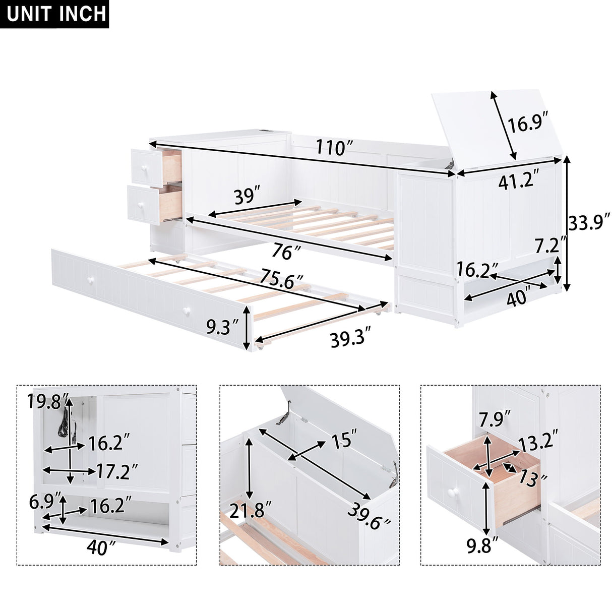 Daybed With Storage Arms, Trundle And Charging Station