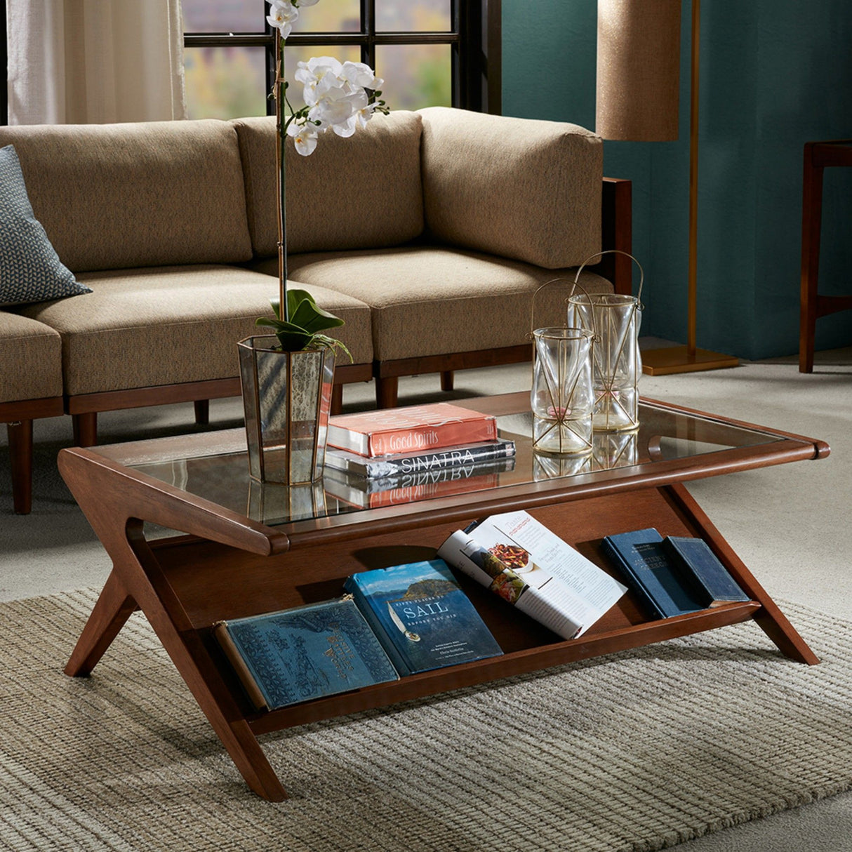 Coffee Table With Tempered Glass Top, Solid Wood Frame - Walnut