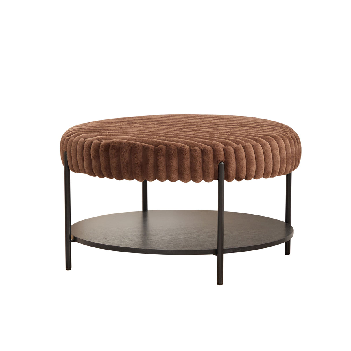 Modern Upholstered Round Ottoman Coffee Table With Storage Shelf
