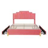 Queen Size Upholstered Platform Bed With LED Lights And 4 Drawers, Stylish Irregular Metal Bed Legs Design - Pink