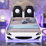Race Car Shaped Platform Bed With LED And Upholstered Backrest In