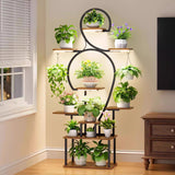 Plant Stand Indoor With Grow Light, 9 Tiered 63" Tall Indoor Plant Shelves For Multiple Plants - Walnut / Black