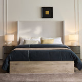 Shelton - Queen Upholstered Wingback Bed With 54" High Headboard - Ivory / Light Gray / Camel Oak