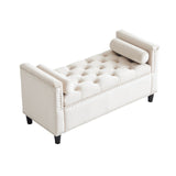 Queen Velvet Button Bedside Storage Bench With Armrests, Nailhead Trim