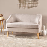 Mid Century Modern Loveseat With Polyester Upholstery And Birch Wood Frame - Beige