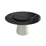 Modern Artificial Stone Round Plywood Base Dining Table, Can Accommodate 8 People Artificial Stone Turntable (Not Including Chairs) - Black / Beige