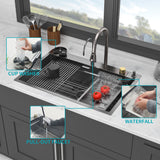 Waterfall Kitchen Sink With Pull Out Faucet & Cup Washer