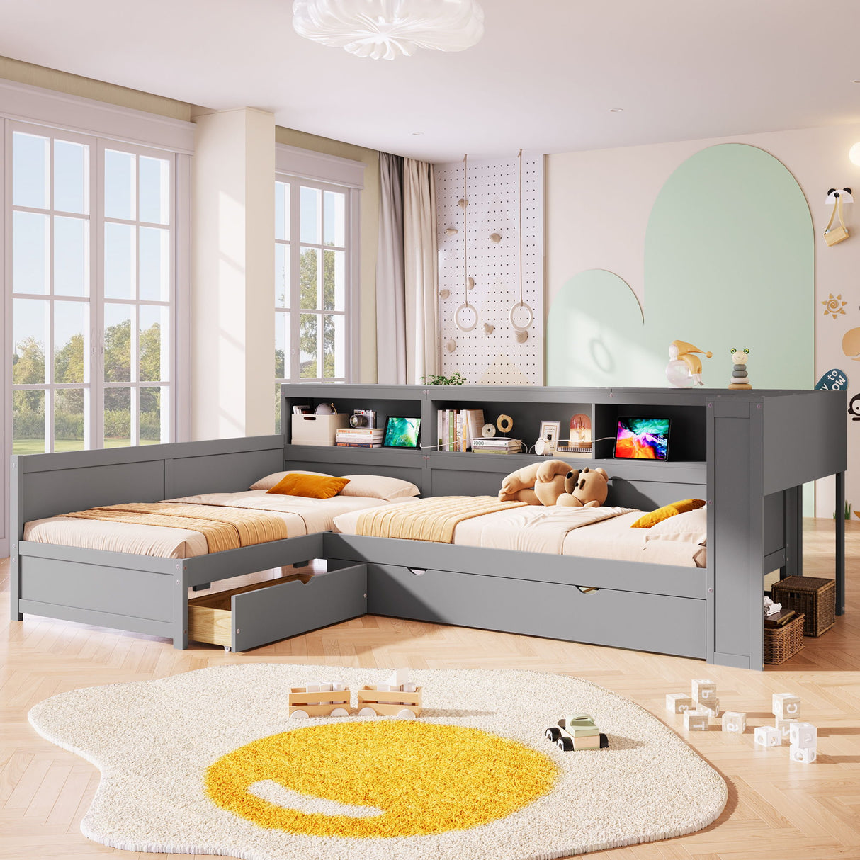 L Shaped Platform Bed With Trundle And Drawer